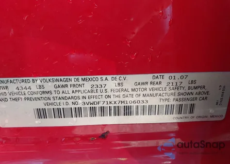 2007 Volkswagen Jetta 2.5 из США, поврежденный, VIN 3VWDF71KX7M106033